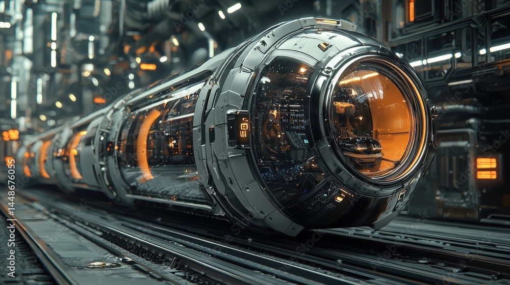 Poster futuristic transportation system within a metallic factory complex.