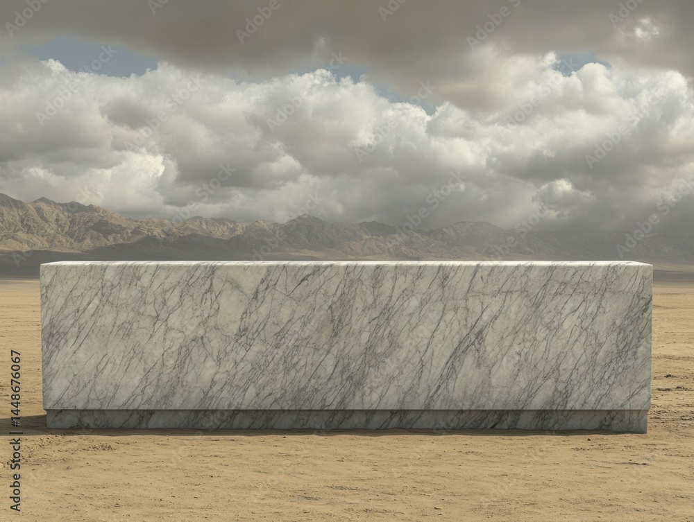 Poster marble podium in desert landscape with dramatic sky for product display and presentation serene back