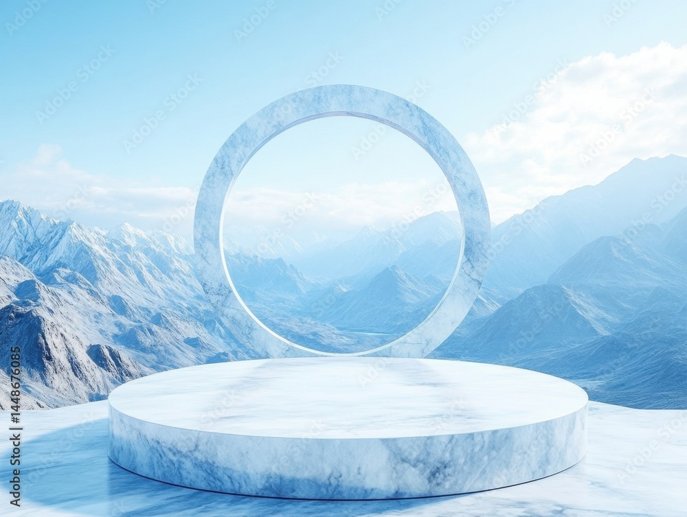 Poster marble podium with circular frame against a backdrop of serene snowy mountains and a clear blue sky 