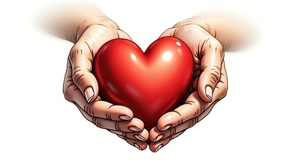 Obraz premium Two hands gently cradling a large, shiny red heart