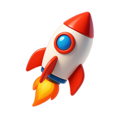 Obraz premium A charmingly rendered cartoon rocket depicted in a sleek, polished style with vibrant colors and dynamic engine glow.