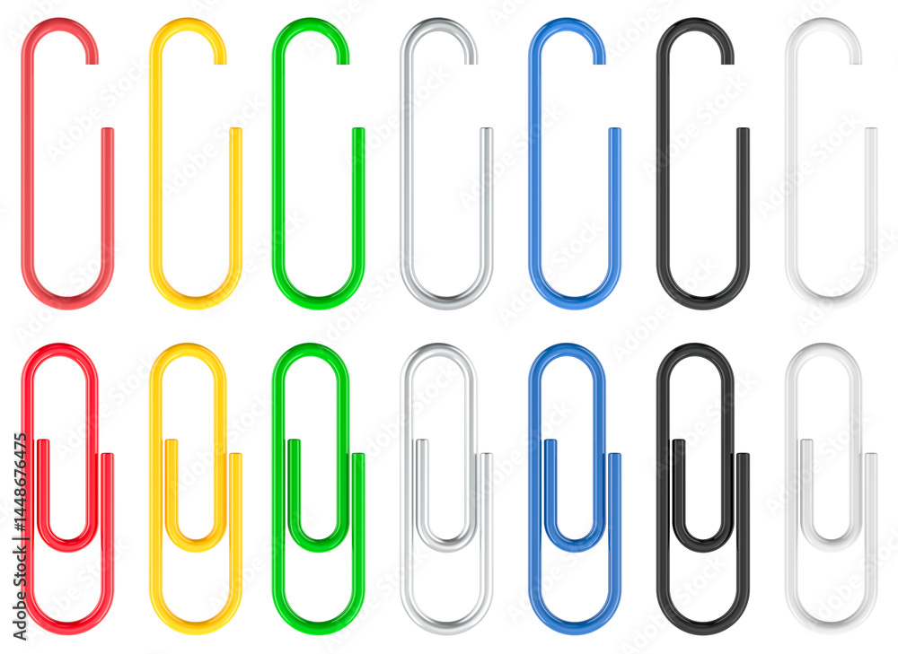 Fototapete colored paper clips with pvc coated on the sheet, 3d rendering isolated on transparent background