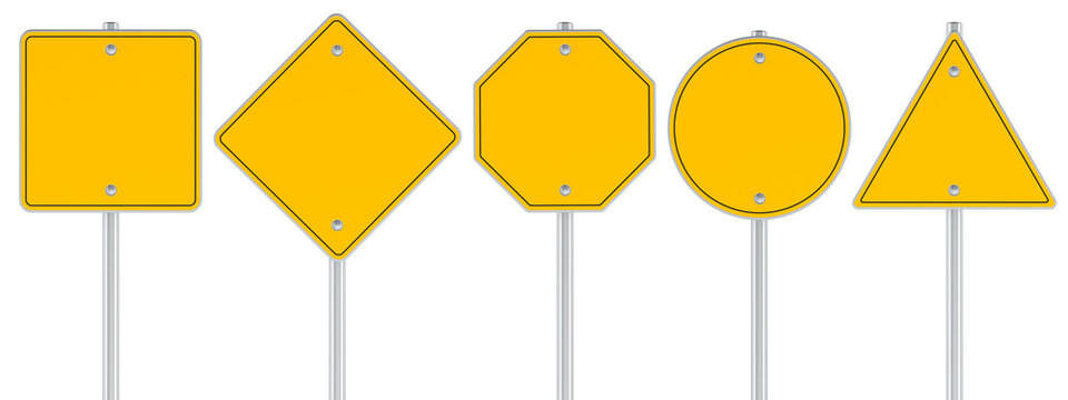 Naklejki Blank yellow traffic road signs. Round, square, triangular, rhombus, octagonal shaped road signs. Template, mockup, front view. 3D rendering isolated on transparent background