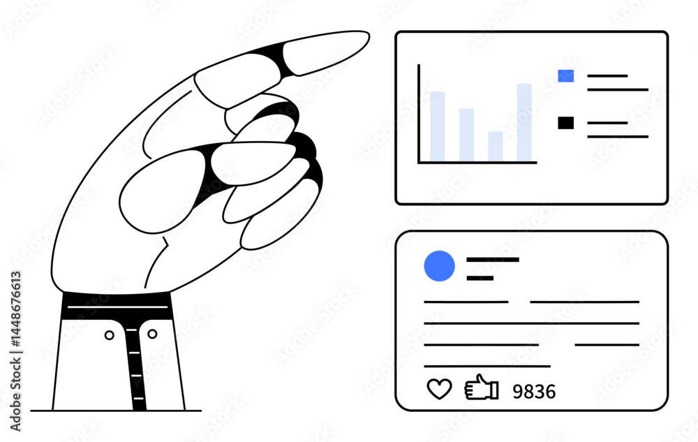 Poster robotic hand gesturing toward an analytics chart and user interaction panel. ideal for ai, automatio