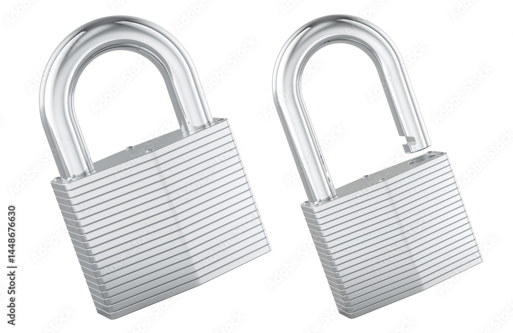 Poster padlocks, opened and closed. 3d rendering isolated on transparent background
