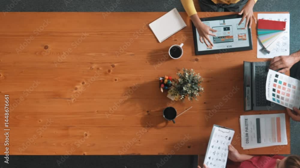 Aufkleber top aerial view of business people working together to choosing color from color palette. manager pr