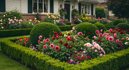 Fototapeta premium Well Maintained Garden Featuring Diverse Flowers And Carefully Shaped Bushes