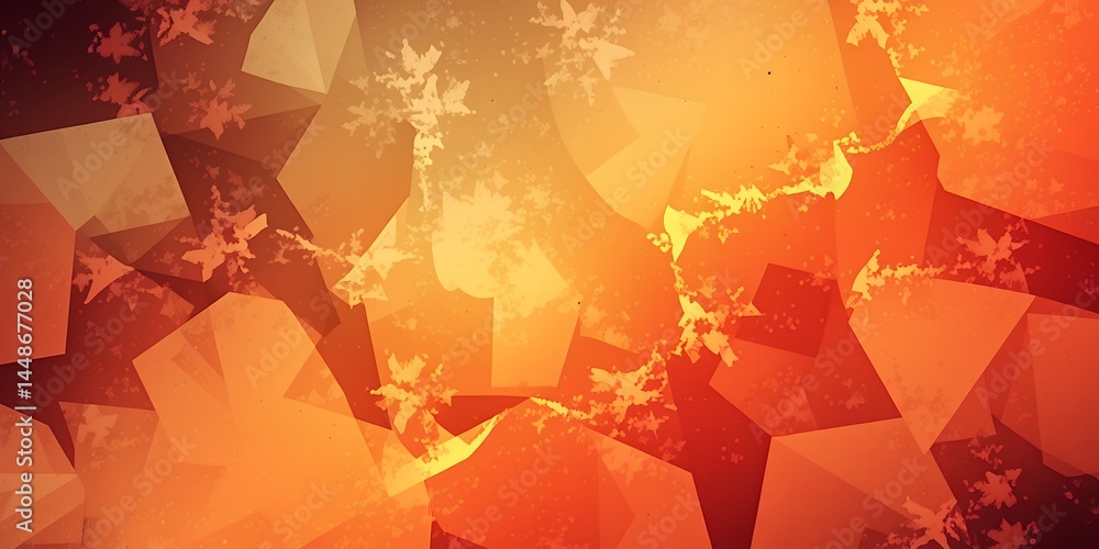 Poster abstract orange background with geometric shapes and leaf patterns in a warm light