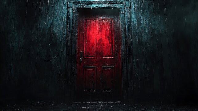 Red door in a dark, eerie room