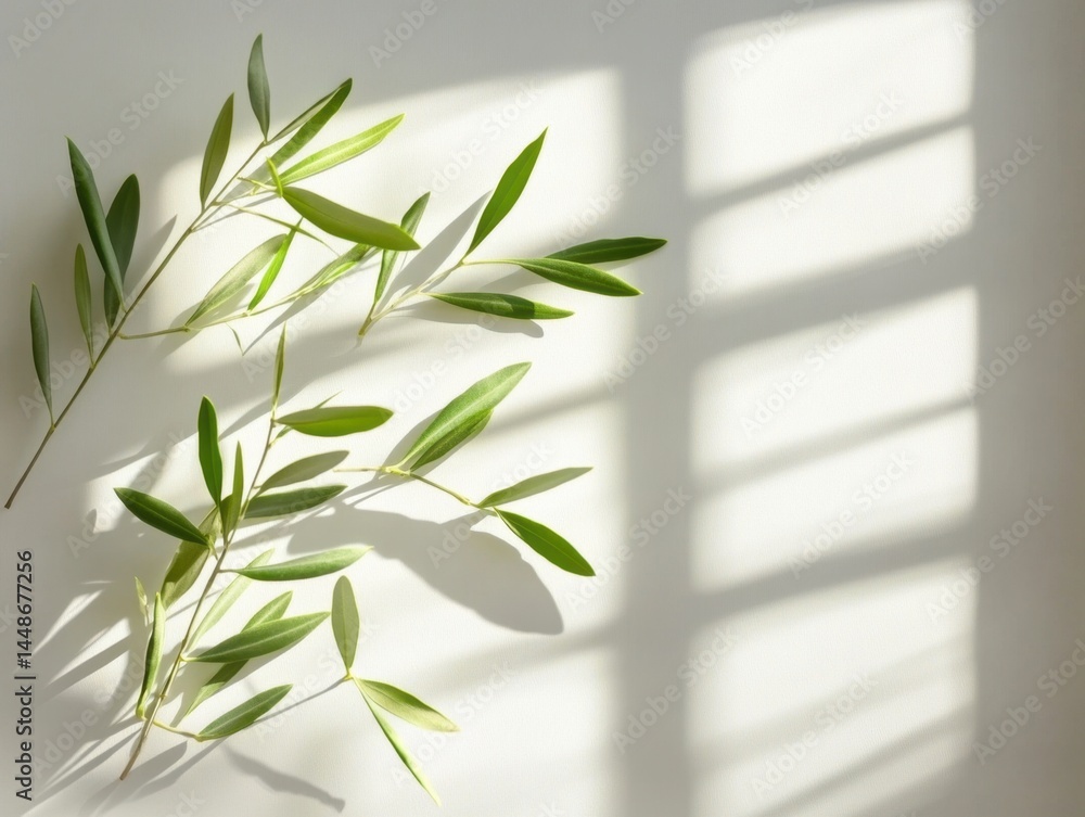 Aufkleber serene olive branch composition on white backdrop with natural light casting window shadows creating