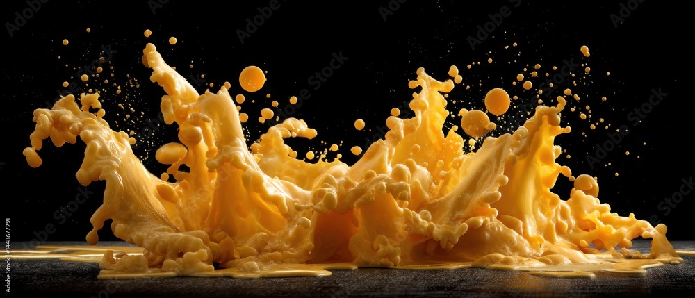 Poster dynamic splash of vibrant yellow liquid against a stark black background creating a captivating visu