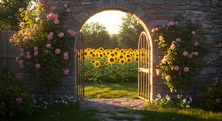 Obraz premium Secret Garden Gateway with Sunflowers and Roses in the Golden Hour
