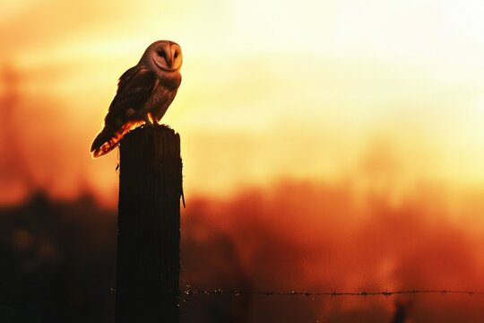 Barn owl perched on a wooden post at sunset, silhouetted against a fiery sky.