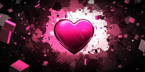 A vibrant, pulsating pink heart icon surrounded by abstract shards and a dark background, creating a dynamic visual effect
