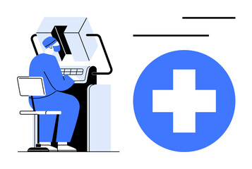 Obraz premium Healthcare worker in blue scrubs using technology for diagnostics near a large cross icon. Ideal for healthcare, technology, innovation, medical systems, diagnostics, telemedicine, modern treatment