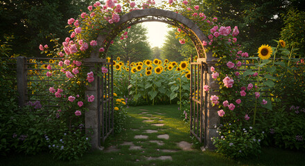 Obraz premium Enchanting Garden Portal With Sunflowers And Roses Blooming In Summer Season