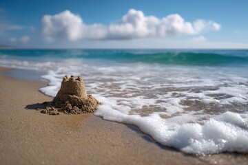 Small sandcastle built on a sunny beach with waves lapping at the shore on a clear day
