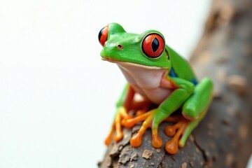 Fototapeta premium Green tree frog perched on white, vibrant skin, amphibian photography, isolated, bright