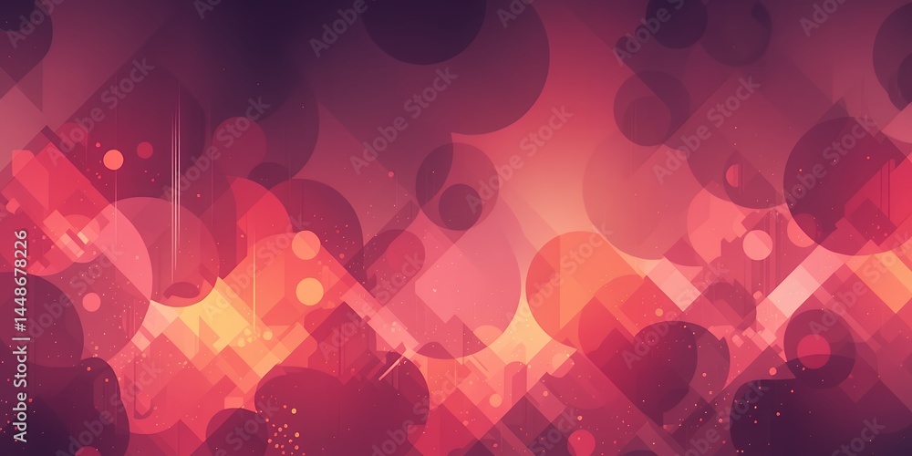 Poster abstract background with bokeh circles and geometric shapes in shades of red and orange
