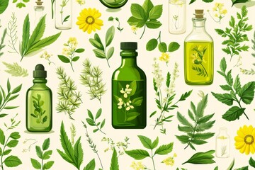 A seamless minimalistic pattern featuring various green bottles and botanical illustrations with flowers and leaves