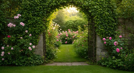 Enchanting Garden Gate With Roses And Lush Greenery In A Secluded Retreat