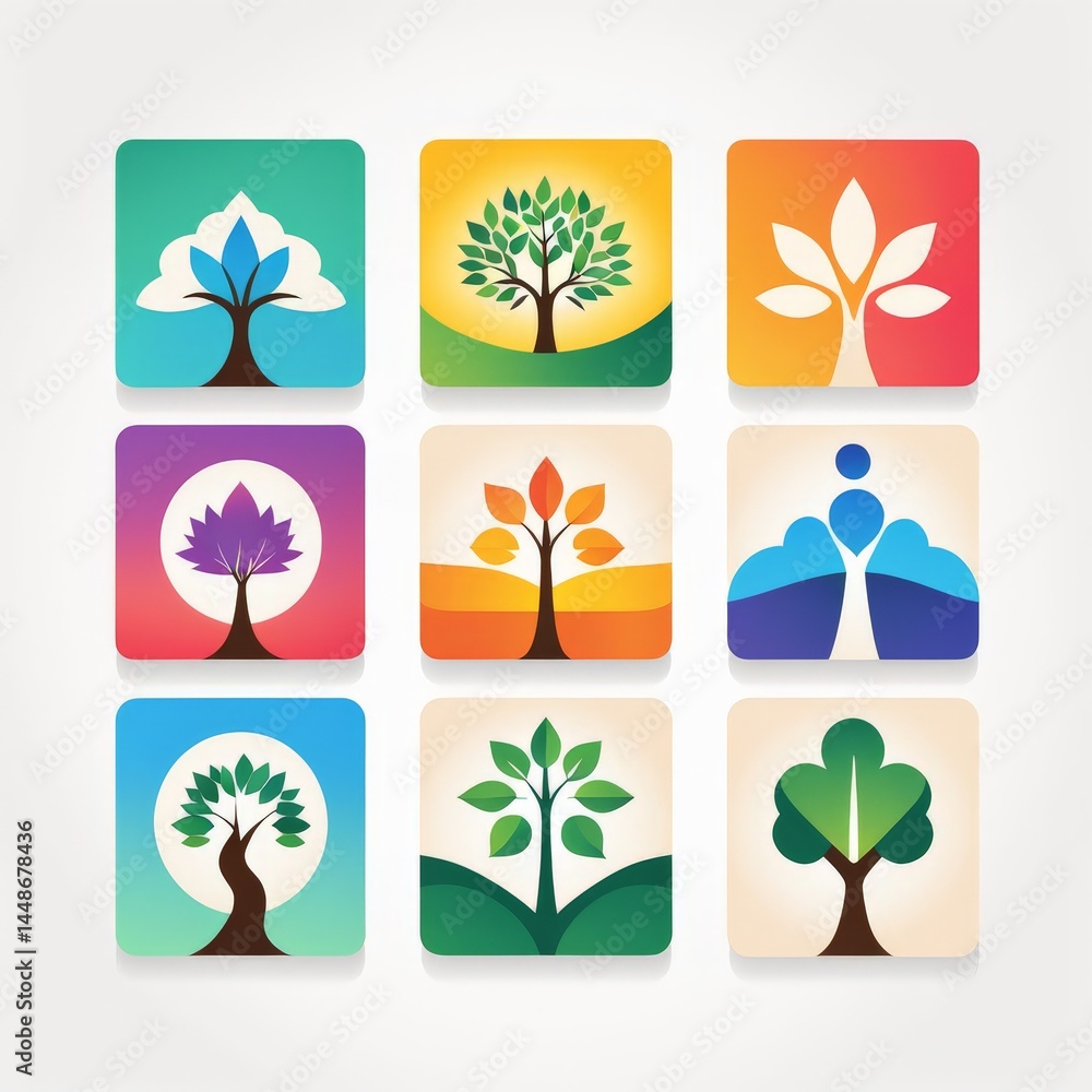Poster set of four icons with treeset tree