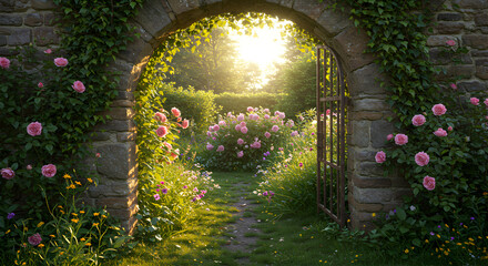 Enchanting Garden Gate With Blooming Roses And Sunlight Through Foliage