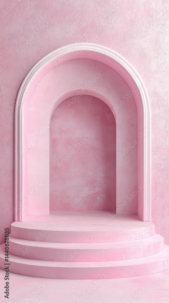 Poster pastel pink archway and platform creating a serene and minimalist scene with textured wall and soft 