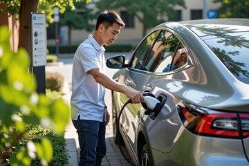 Sustainable Mobility: Asian Man Plugging Charger into Electric Vehicle (EV) at Public Station
