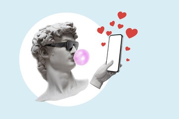 Cool fashion statue bust hand pointing to like symbols of social networks from mobile phone with...