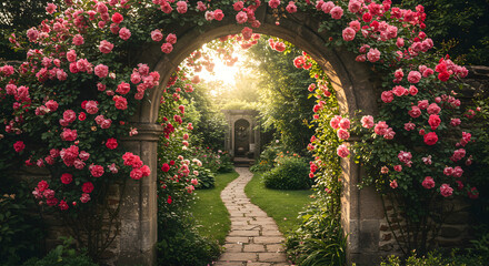 Fototapeta premium Enchanting Rose Archway Leading To A Hidden Serene Garden Retreat