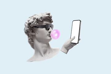 Cool hipster statue bust with fashion sunglasses holds smartphone and blows a bubble gum on a blue background. Creative idea and modern art. Marketing, concept. Mobile app, concept