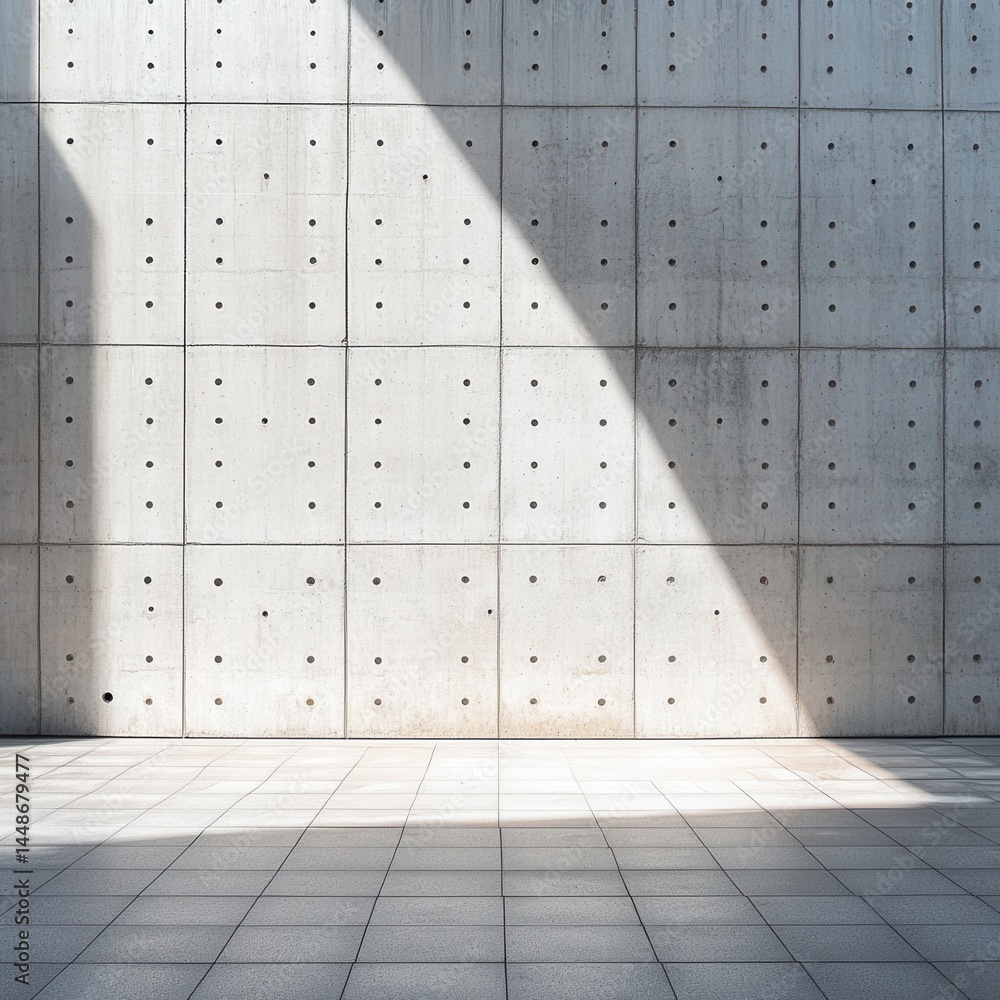 Poster concrete wall and tiled floor with sunlight creating a geometric pattern in an urban environment, mo