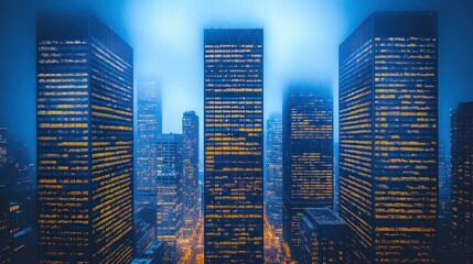 City skyline at dusk, illuminated skyscrapers