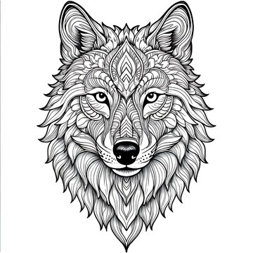 Ornate Wolf Head Intricate Line Art Illustration
