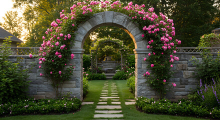 Obraz premium Romantic Stone Archway Adorned With Climbing Roses In Summer Garden