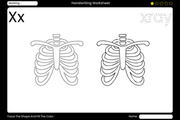 Trace Letter X. Exploring X-ray Coloring Page for Kids. Printable Vocabulary Builder. Educational Vector Worksheet.