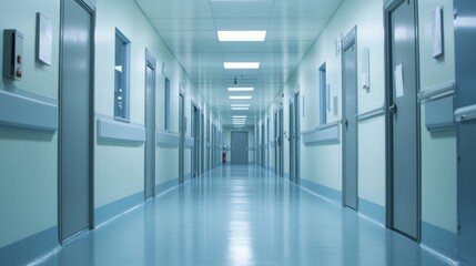 Long Hospital Corridor with Bright Lights and Clean Environment