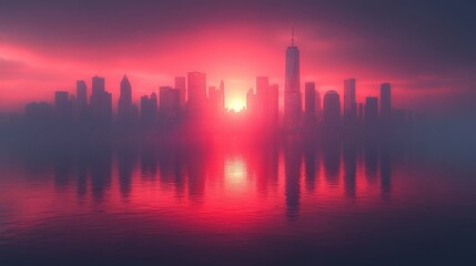 Crimson sunrise over a city skyline reflected in still water.