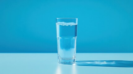 Clear glass of water on a blue surface