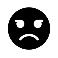 Fototapeta premium Black solid emoji icon with an angry facial expression, featuring frowning mouth and furrowed eyes on a white background. 