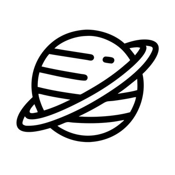 Outlined icon of a planet with a ring, representing space, astronomy, science fiction, or planetary systems in a modern graphic style.
