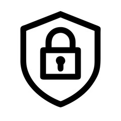 Black shield icon with a padlock inside, symbolizing data protection, privacy, cybersecurity, or secure access in tech and safety contexts.
