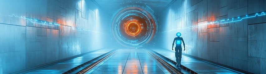Futuristic Corridor with Neon Lights and Silhouette of a Figure