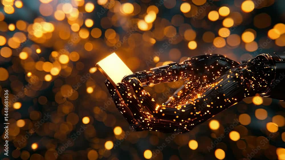 Poster a robotic hand holds a glowing cube amidst a sparkling background of shimmering lights.