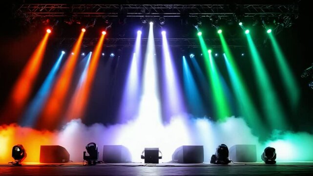 Empty stage illuminated by moving head spotlights with smoke