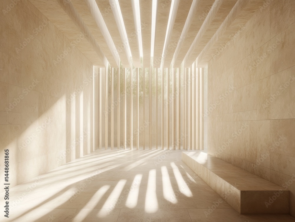 Poster serene architectural space with sunlight streaming through ceiling slats creating shadows in a minim