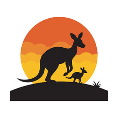 Mother kangaroo and baby silhouette walk