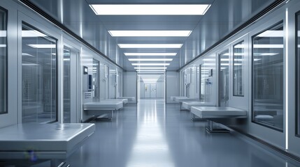 Modern sterile corridor in a futuristic healthcare facility interior