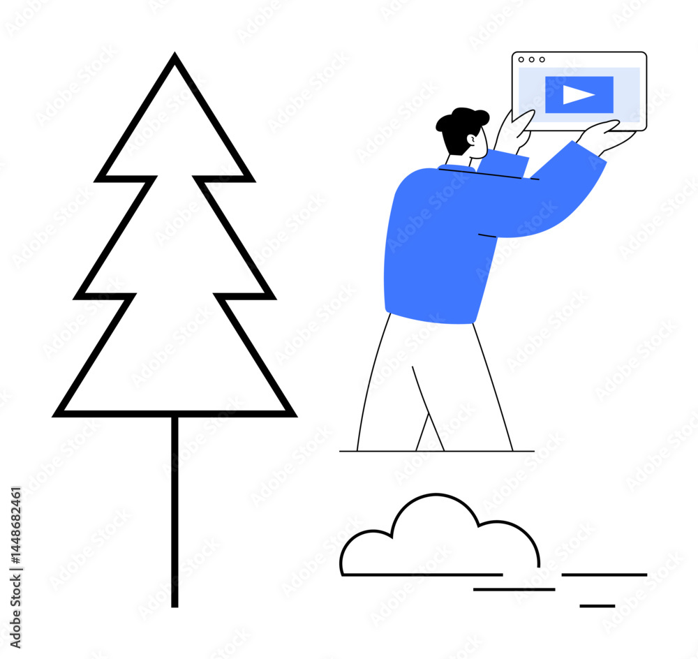 Poster individual interacting with digital video player element alongside a tree and cloud outline. ideal f